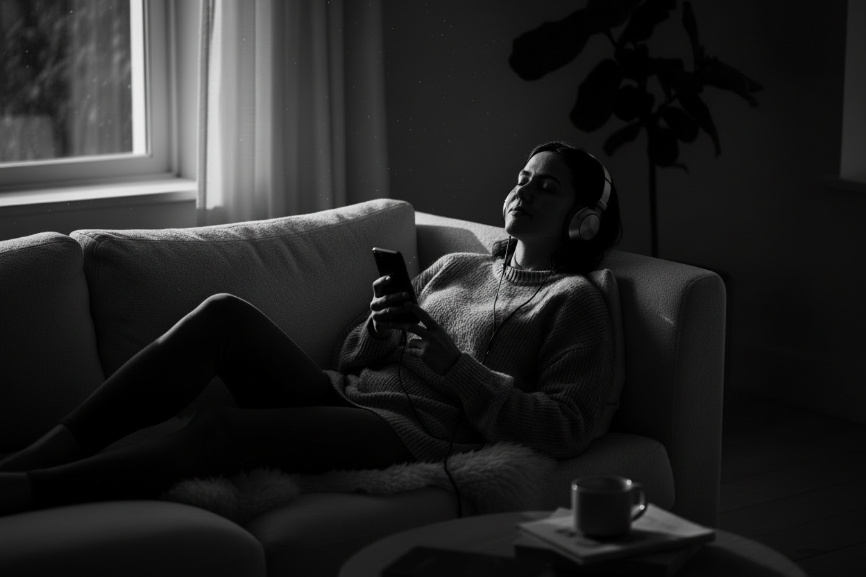 woman laying down listening to music with wired headphones from her phopne